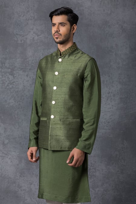 Shop_Ankit V Kapoor_Green , Cotton, Raw Bundi And Kurta Set_Online_at_Aza_Fashions