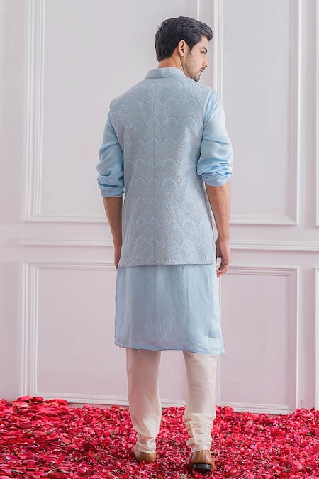 Shop_Ankit V Kapoor_Blue Cotton Silk, Linen Lining Twill Sequins Bundi And Kurta Set _at_Aza_Fashions