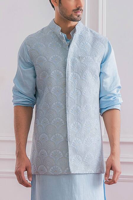 Buy_Ankit V Kapoor_Blue Cotton Silk, Linen Lining Twill Sequins Bundi And Kurta Set _Online_at_Aza_Fashions