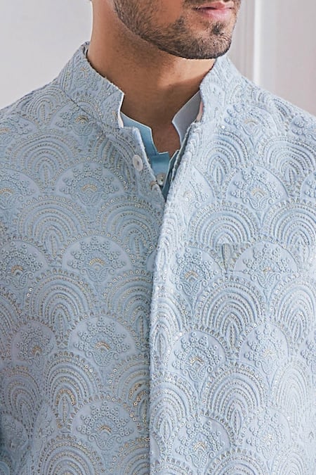 Shop_Ankit V Kapoor_Blue Cotton Silk, Linen Lining Twill Sequins Bundi And Kurta Set _Online_at_Aza_Fashions