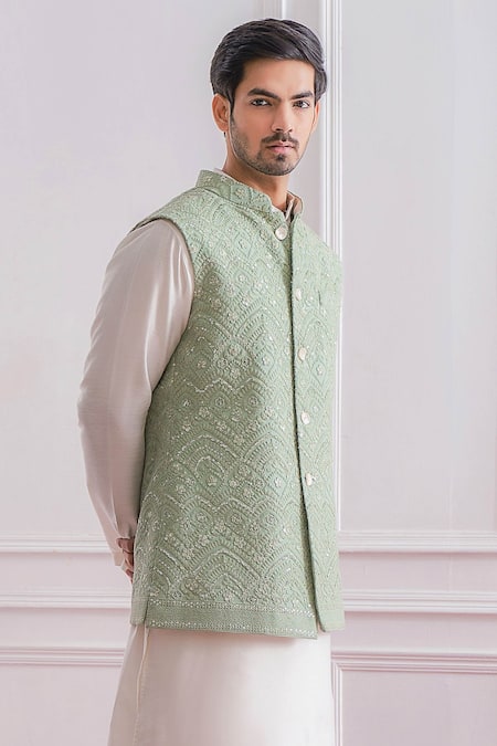 Shop_Ankit V Kapoor_Green , Silk, Satin Linen Lining Twill Lucknowi Bundi And Kurta Set_Online_at_Aza_Fashions