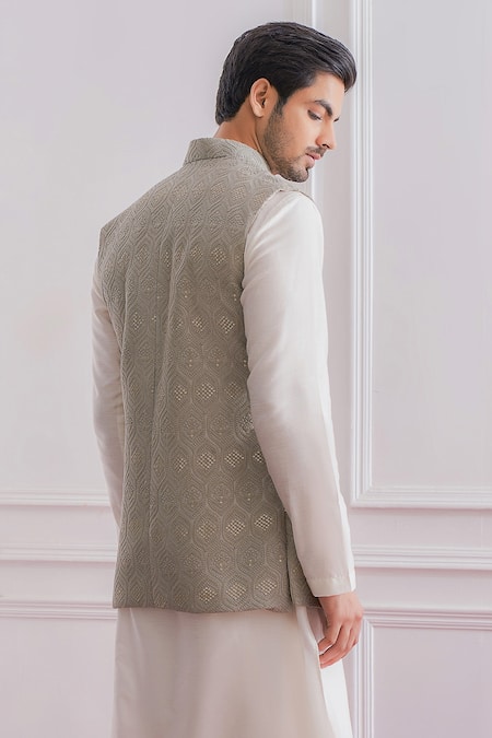 Buy_Ankit V Kapoor_Grey Cotton Silk, Pure Georgette Lucknowi Work Bundi And Kurta Set _Online_at_Aza_Fashions