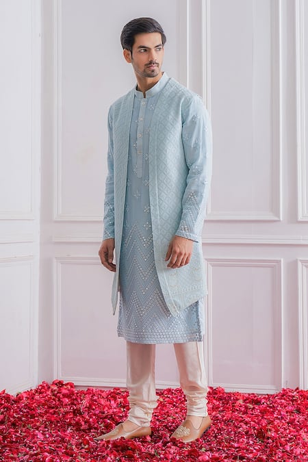 Ankit V Kapoor_Blue Pure Georgette Lucknowi Work Longline Bundi And Kurta Set _Online_at_Aza_Fashions
