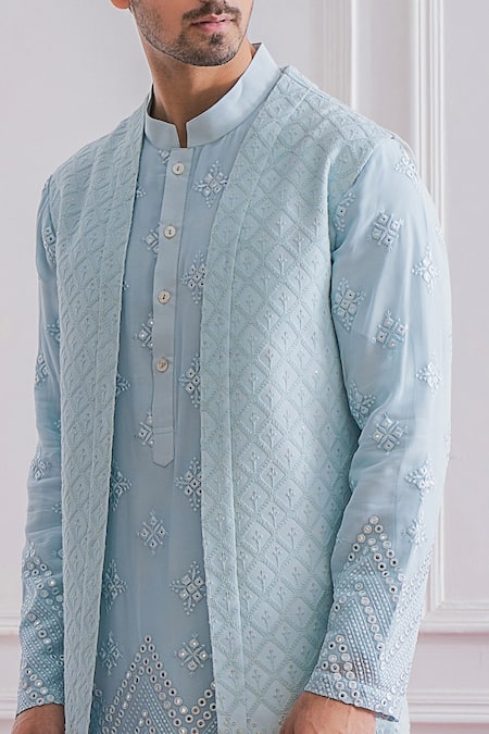 Buy_Ankit V Kapoor_Blue Pure Georgette Lucknowi Work Longline Bundi And Kurta Set _Online_at_Aza_Fashions