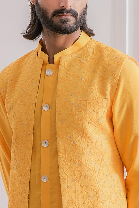 Shop_Ankit V Kapoor_Yellow Cotton Silk, Pure Georgette Lucknowi Work Longline Bundi And Kurta Set_Online_at_Aza_Fashions