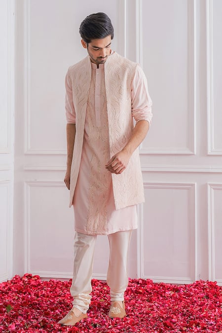 Ankit V Kapoor Pink Pure Georgette Embroidered Lucknowi Work Longline Bundi And Kurta Set 