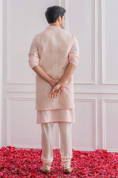 Shop_Ankit V Kapoor_Pink Cotton Silk, Pure Georgette Lucknowi Work Longline Bundi And Kurta Set _at_Aza_Fashions