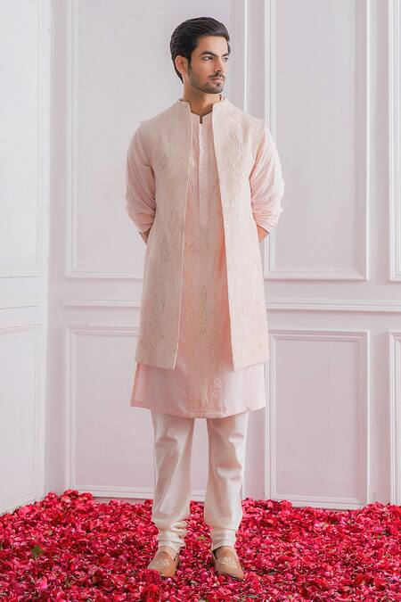 Ankit V Kapoor_Pink Cotton Silk, Pure Georgette Lucknowi Work Longline Bundi And Kurta Set _Online_at_Aza_Fashions