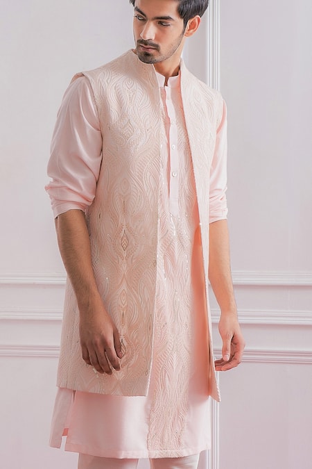 Buy_Ankit V Kapoor_Pink Cotton Silk, Pure Georgette Lucknowi Work Longline Bundi And Kurta Set _Online_at_Aza_Fashions