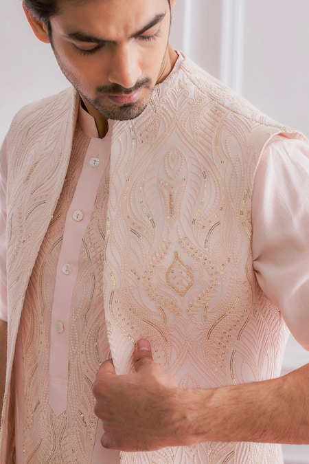Shop_Ankit V Kapoor_Pink Cotton Silk, Pure Georgette Lucknowi Work Longline Bundi And Kurta Set _Online_at_Aza_Fashions