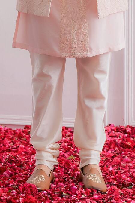 Ankit V Kapoor_Pink Cotton Silk, Pure Georgette Lucknowi Work Longline Bundi And Kurta Set _at_Aza_Fashions