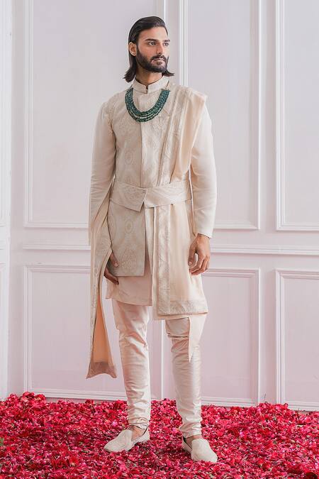 Ankit V Kapoor_Gold Jacquard, Imported Crepe Floral Bundi And Asymmetric Kurta Set _Online_at_Aza_Fashions