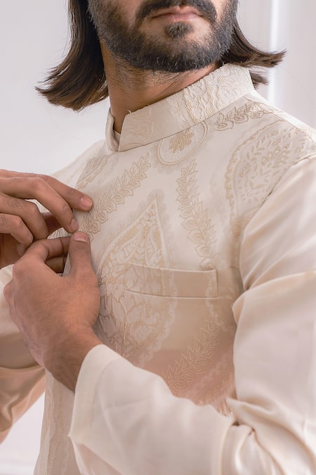 Shop_Ankit V Kapoor_Gold Jacquard, Imported Crepe Floral Bundi And Asymmetric Kurta Set _Online_at_Aza_Fashions