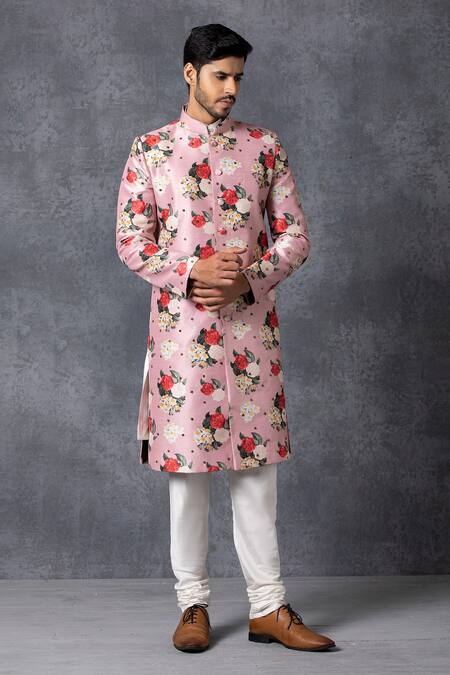 Ankit V Kapoor Pink Silk, Cotton Printed Sherwani Set Online at Aza Fashions Ankit V Kapoor_Pink Silk, Cotton Printed Sherwani Set _Online_at_Aza_Fashions
