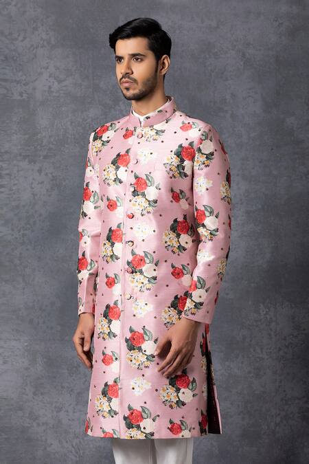 Buy Ankit V Kapoor Pink Silk, Cotton Printed Sherwani Set Online at Aza Fashions Buy_Ankit V Kapoor_Pink Silk, Cotton Printed Sherwani Set _Online_at_Aza_Fashions