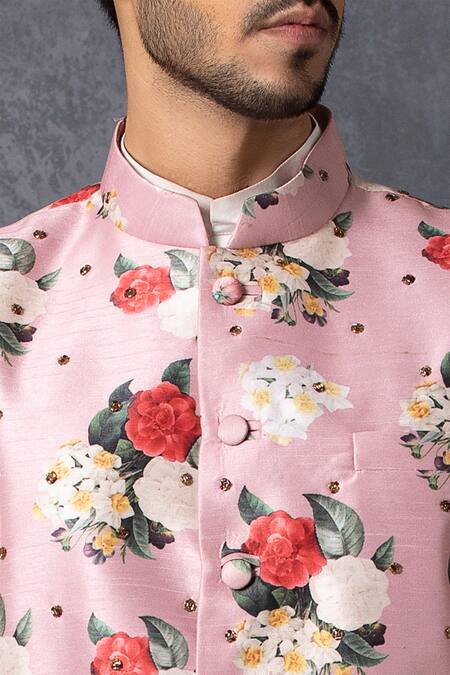 Shop Ankit V Kapoor Pink Silk, Cotton Printed Sherwani Set Online at Aza Fashions Shop_Ankit V Kapoor_Pink Silk, Cotton Printed Sherwani Set _Online_at_Aza_Fashions