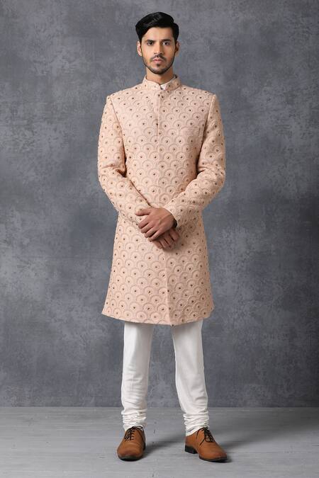 Ankit V Kapoor_Peach Pure Georgette Lucknowi Embroidered Sherwani Set _Online_at_Aza_Fashions
