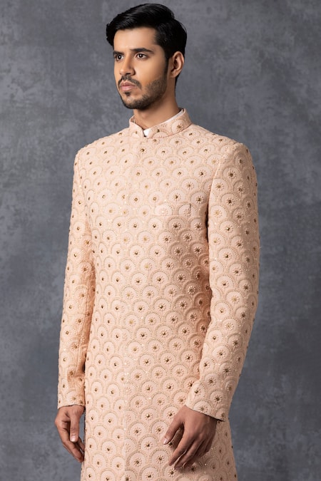 Buy_Ankit V Kapoor_Peach Pure Georgette Lucknowi Embroidered Sherwani Set _Online_at_Aza_Fashions