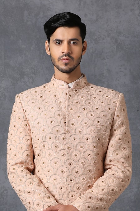 Shop_Ankit V Kapoor_Peach Pure Georgette Lucknowi Embroidered Sherwani Set _Online_at_Aza_Fashions
