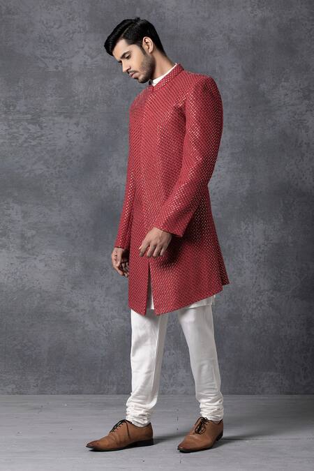 Ankit V Kapoor_Maroon Pure Georgette Embroidered Sherwani Set_Online_at_Aza_Fashions