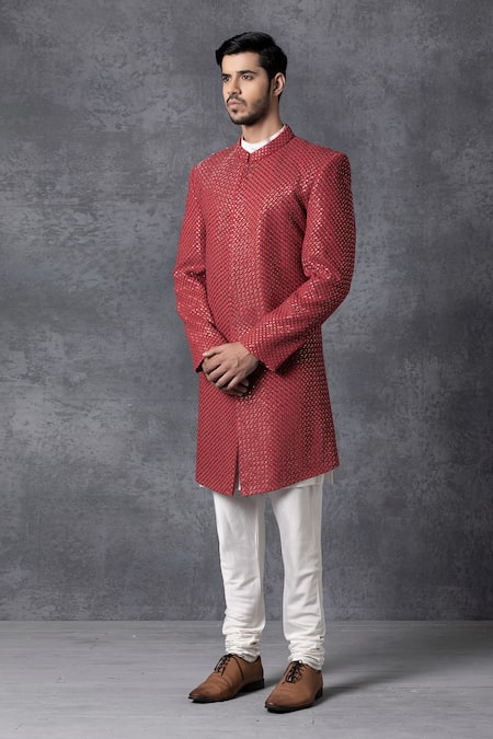 Buy_Ankit V Kapoor_Maroon Pure Georgette Embroidered Sherwani Set_Online_at_Aza_Fashions