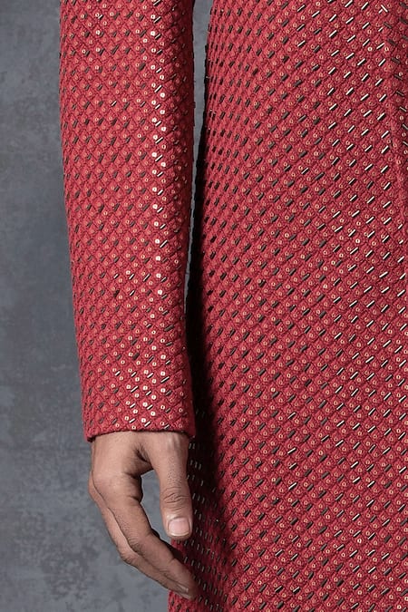 Ankit V Kapoor_Maroon Pure Georgette Embroidered Sherwani Set_at_Aza_Fashions