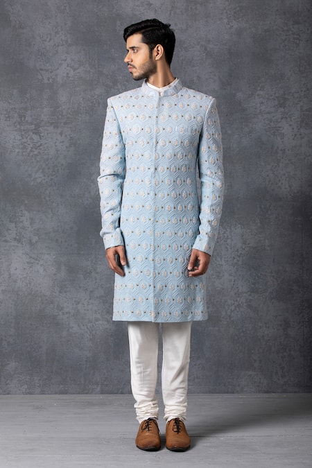 Ankit V Kapoor_Blue Pure Georgette Lucknowi Embroidered Sherwani Set _Online_at_Aza_Fashions
