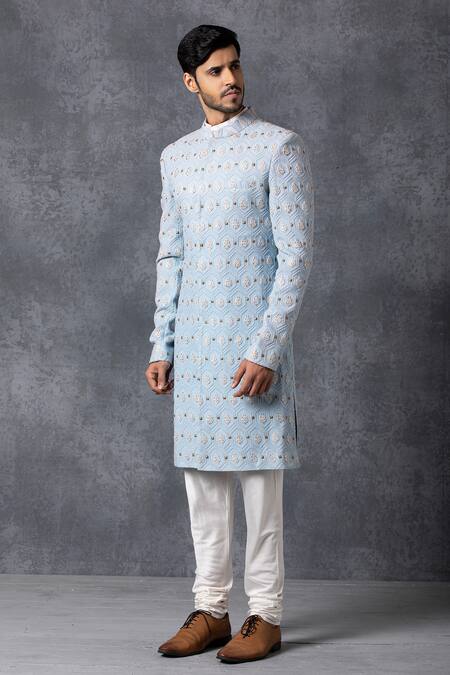 Buy_Ankit V Kapoor_Blue Pure Georgette Lucknowi Embroidered Sherwani Set _Online_at_Aza_Fashions
