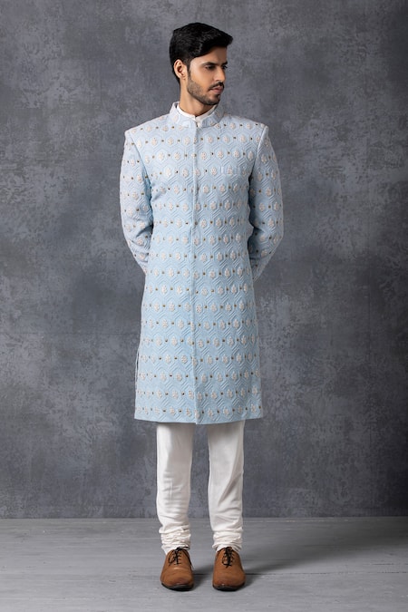 Shop_Ankit V Kapoor_Blue Pure Georgette Lucknowi Embroidered Sherwani Set _Online_at_Aza_Fashions