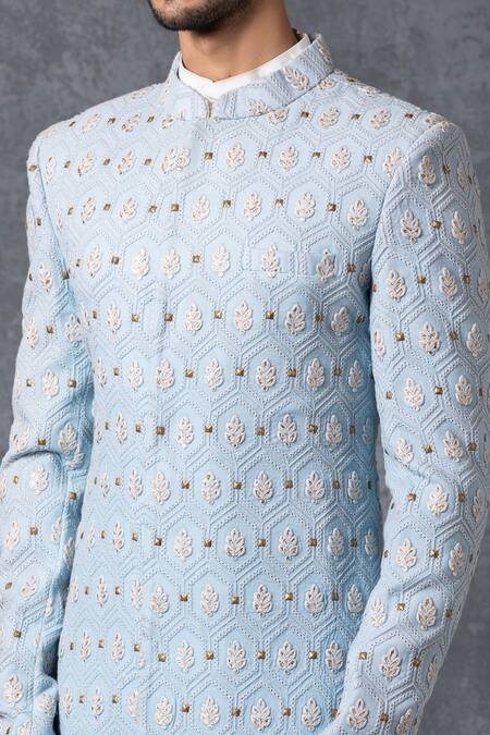 Ankit V Kapoor_Blue Pure Georgette Lucknowi Embroidered Sherwani Set _at_Aza_Fashions