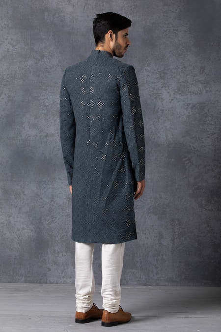 Shop Ankit V Kapoor Blue Pure Georgette Lucknowi Embroidered Sherwani Set at Aza Fashions Shop_Ankit V Kapoor_Blue Pure Georgette Lucknowi Embroidered Sherwani Set _at_Aza_Fashions
