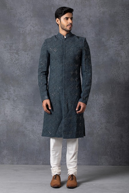 Ankit V Kapoor Blue Pure Georgette Lucknowi Embroidered Sherwani Set Online at Aza Fashions Ankit V Kapoor_Blue Pure Georgette Lucknowi Embroidered Sherwani Set _Online_at_Aza_Fashions