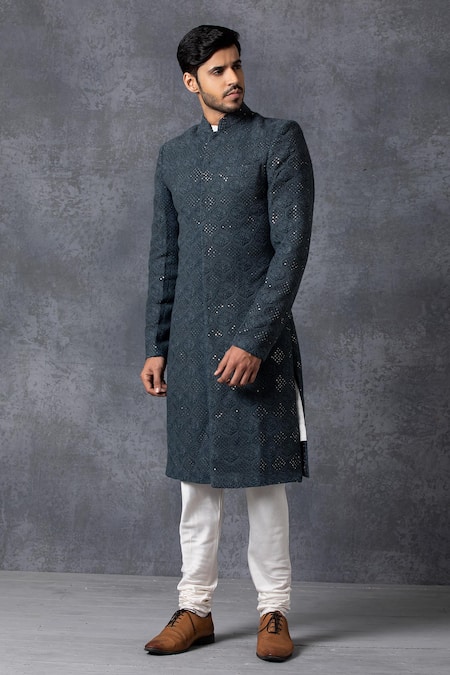Buy Ankit V Kapoor Blue Pure Georgette Lucknowi Embroidered Sherwani Set Online at Aza Fashions Buy_Ankit V Kapoor_Blue Pure Georgette Lucknowi Embroidered Sherwani Set _Online_at_Aza_Fashions