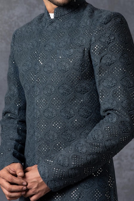 Shop Ankit V Kapoor Blue Pure Georgette Lucknowi Embroidered Sherwani Set Online at Aza Fashions Shop_Ankit V Kapoor_Blue Pure Georgette Lucknowi Embroidered Sherwani Set _Online_at_Aza_Fashions