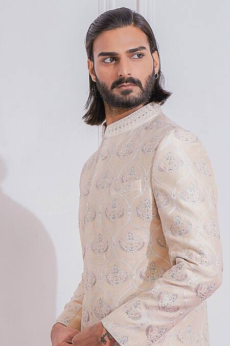 Buy_Ankit V Kapoor_Peach Raw , Cotton Floral Embroidered Sherwani Set_Online_at_Aza_Fashions