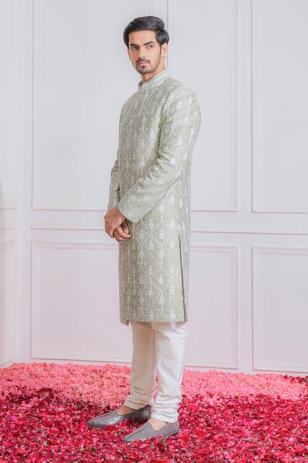 Ankit V Kapoor_Green Raw , Cotton Floral Embroidered Sherwani Set _Online_at_Aza_Fashions