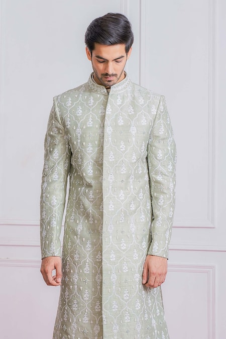 Buy_Ankit V Kapoor_Green Raw , Cotton Floral Embroidered Sherwani Set _Online_at_Aza_Fashions