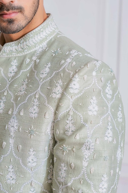 Shop_Ankit V Kapoor_Green Raw , Cotton Floral Embroidered Sherwani Set _Online_at_Aza_Fashions