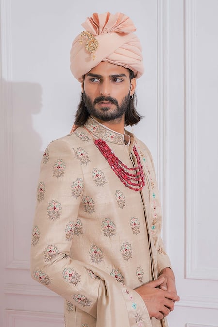 Ankit V Kapoor_Beige Raw , Cotton Floral Embroidered Sherwani_Online_at_Aza_Fashions
