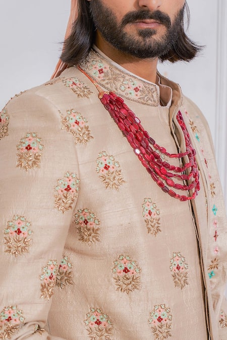 Buy_Ankit V Kapoor_Beige Raw , Cotton Floral Embroidered Sherwani_Online_at_Aza_Fashions
