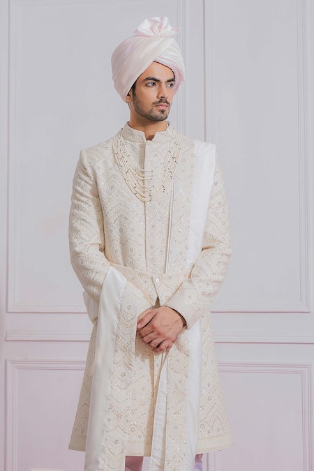 Ankit V Kapoor White Pure Georgette Embroidered Sequin Sherwani 