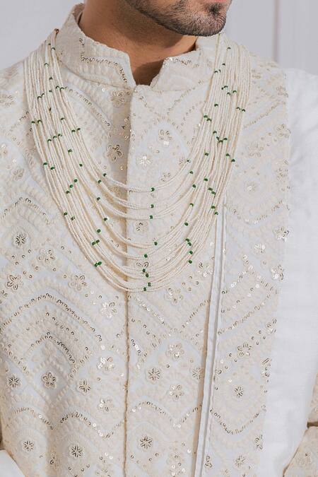 Buy_Ankit V Kapoor_White Cotton Silk, Pure Georgette Sequin Embroidered Sherwani_Online_at_Aza_Fashions