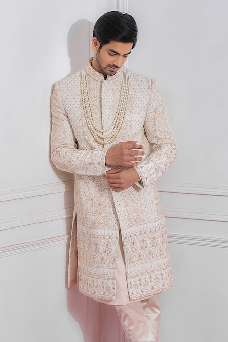 Ankit V Kapoor_White Cotton Silk, Pure Georgette Sequin Embroidered Sherwani _Online_at_Aza_Fashions