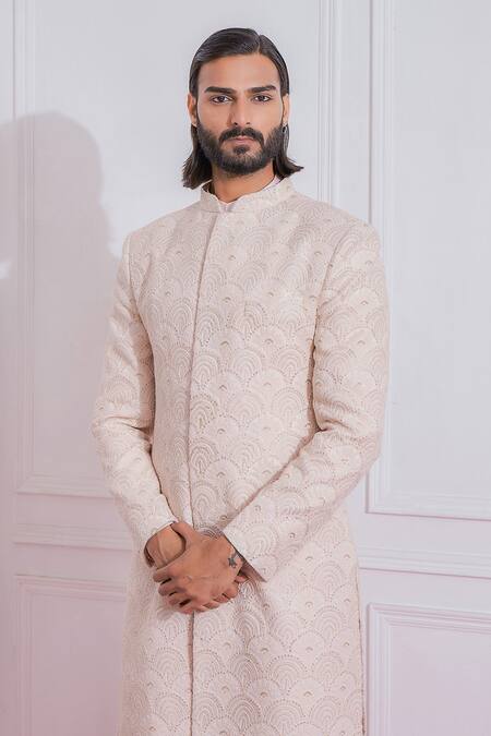 Ankit V Kapoor_Pink Cotton Silk, Pure Georgette Sequin Embroidered Sherwani_Online_at_Aza_Fashions