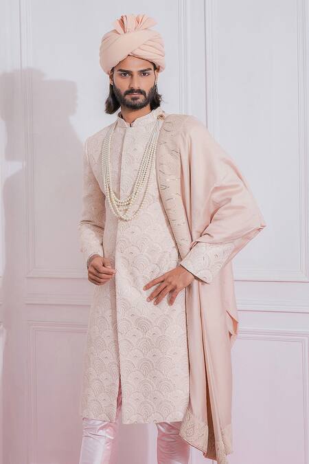 Buy_Ankit V Kapoor_Pink Cotton Silk, Pure Georgette Sequin Embroidered Sherwani_Online_at_Aza_Fashions