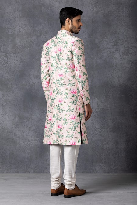 Shop Ankit V Kapoor Peach Silk, Cotton Printed Sherwani Set at Aza Fashions Shop_Ankit V Kapoor_Peach Silk, Cotton Printed Sherwani Set _at_Aza_Fashions