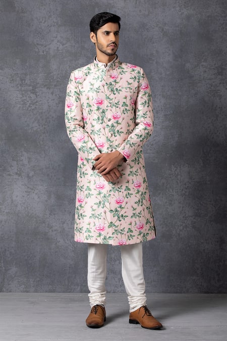 Ankit V Kapoor Peach Silk, Cotton Printed Sherwani Set Online at Aza Fashions Ankit V Kapoor_Peach Silk, Cotton Printed Sherwani Set _Online_at_Aza_Fashions