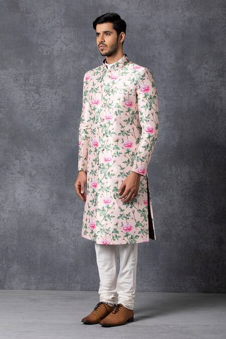 Buy Ankit V Kapoor Peach Silk, Cotton Printed Sherwani Set Online at Aza Fashions Buy_Ankit V Kapoor_Peach Silk, Cotton Printed Sherwani Set _Online_at_Aza_Fashions