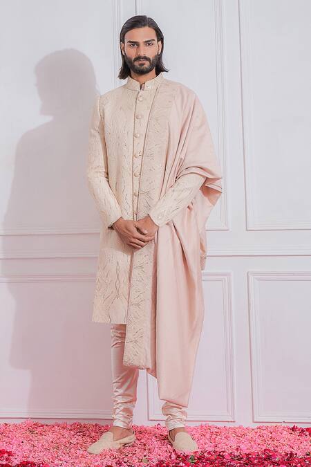 Buy_Ankit V Kapoor_Pink Cotton Silk, Pure Georgette Sequin Embroidered Sherwani Set _Online_at_Aza_Fashions
