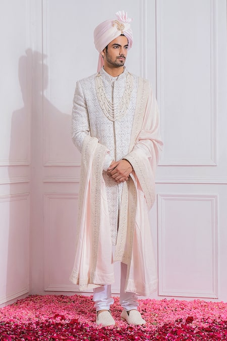 Buy_Ankit V Kapoor_White Cotton Silk, Pure Georgette Sequin Embroidered Sherwani Set _Online_at_Aza_Fashions